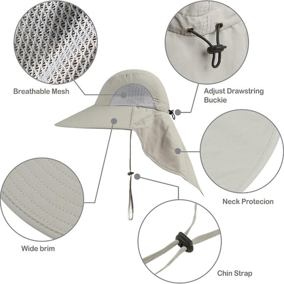 Outdoor Sun Hat for Men with 50+ UPF Protection Safari Cap Wide Brim Fishing Hat - Picture 2 of 7